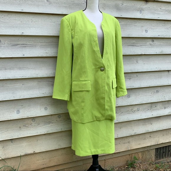 Vintage 80s Neon Lime Green Embellished Bejeweled 2 Piece Coordinated Skirt Set - Picture 2 of 16